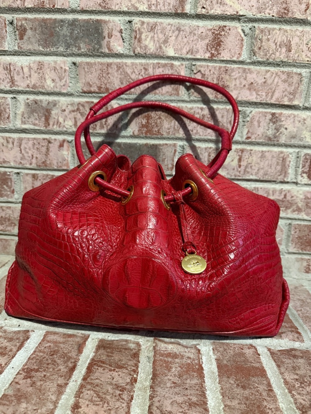 Brahmin Red Dana Croc-Embossed Drawstring Shoulder Bag